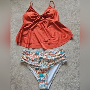 Rust Orange Twist-Front Tankini Top with Floral High-Waist Bottoms